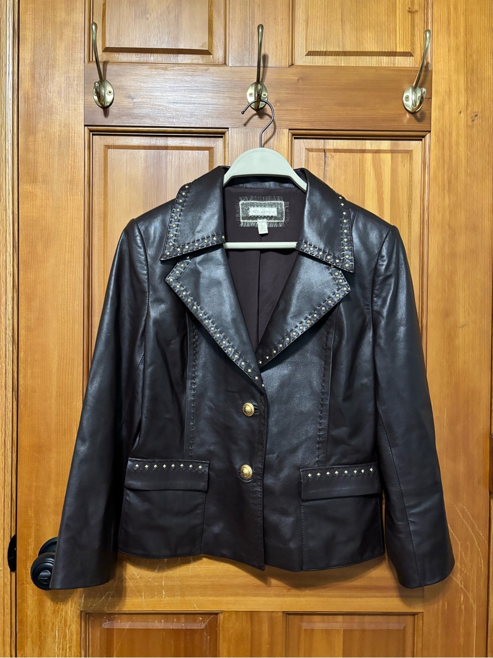 Vintage St. John Black Leather Stud-Trim Blazer Jacket